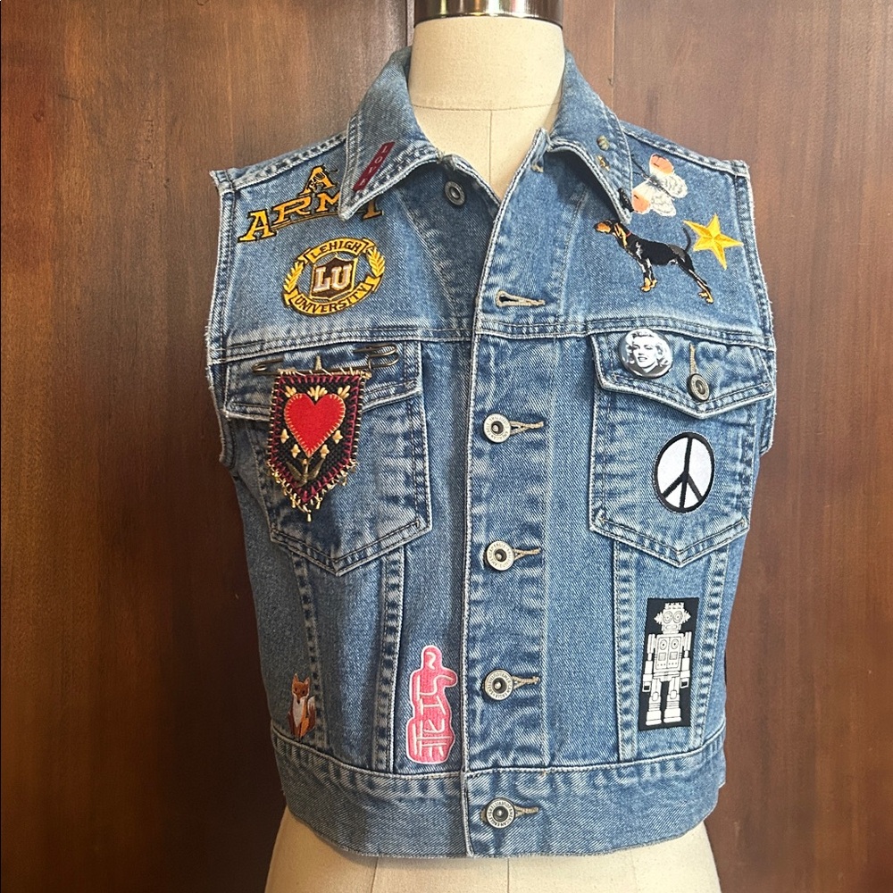 Upcycled Vest with Patches Appliques and Brooch M